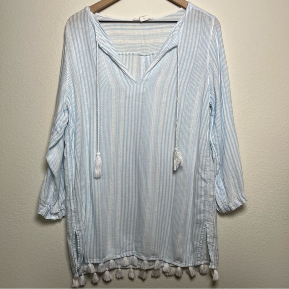 C&C California Women Linen Tunic Top Large Blue Stripe Sheer Coverup Beach Fring - Picture 1 of 12
